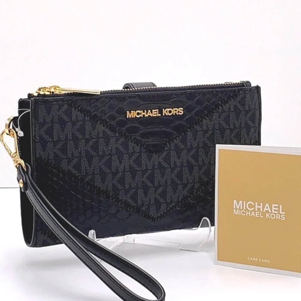 MICHAEL KORS Black MULTI LG DOUBLE ZIP WRSTLT Crocodile Leather Snakeskin